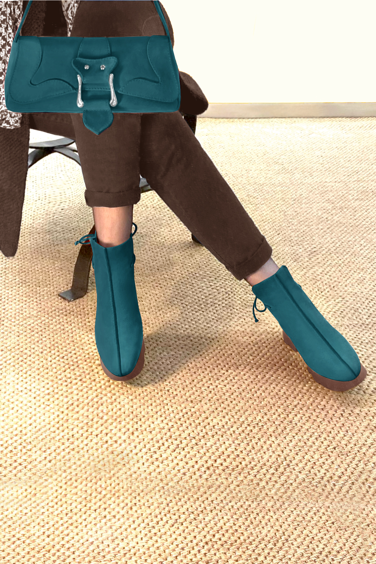 Peacock blue women's ankle boots with laces at the back. Round toe. Low rubber soles. Top view - Florence KOOIJMAN